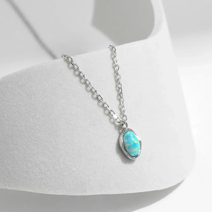 Link Chain Necklace 925 Sterling Silver Vintage Irregular Wave Metal Opal Pendant Necklace For Women Fine Jewelry