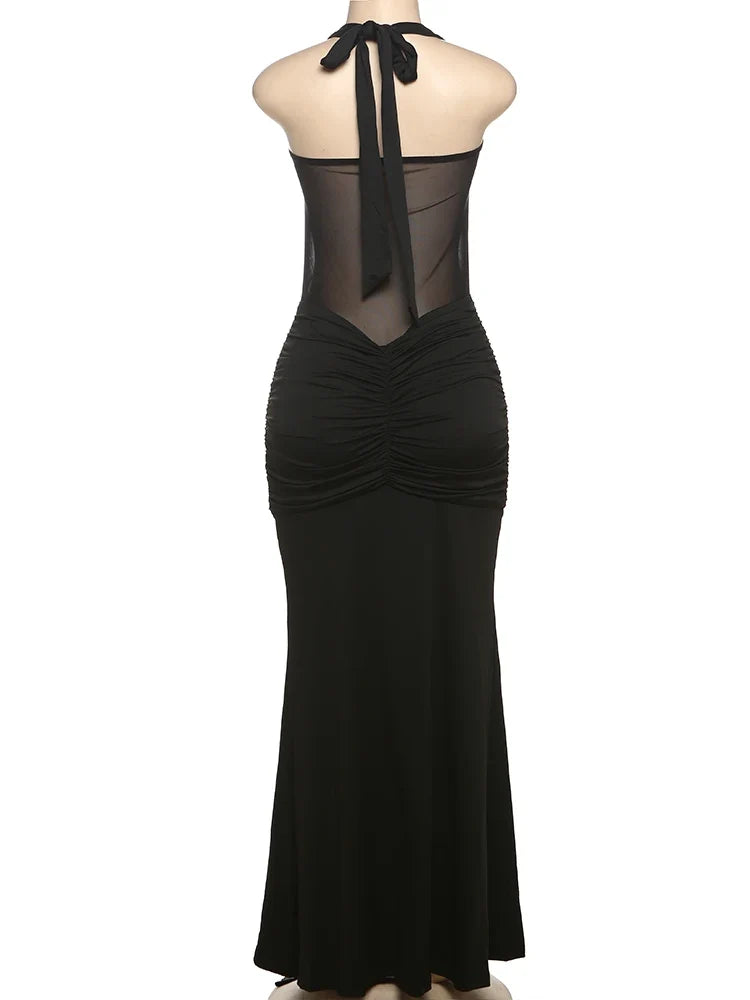 Halter Mesh Patchwork Dress Women Summer Trend Off Shoulder Backless Ruched Ribbon Midnight Prom Party Hipster Vestidos