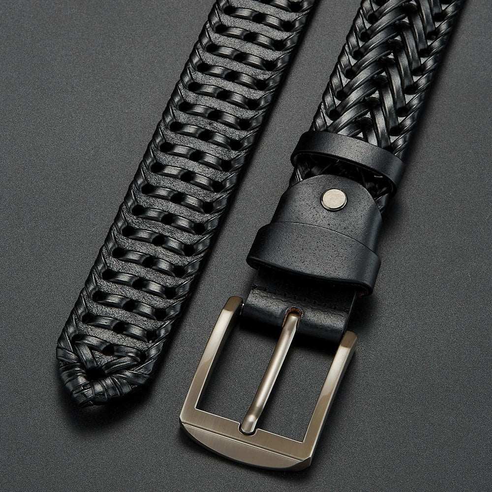 Genuine Leather Cowhide Casual Men's Belt, Trendy Knitted Belt With Alloy Buckle, Gift For Boyfriend/Husband/Father