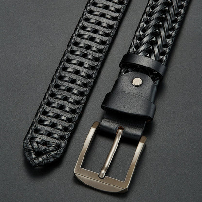 Genuine Leather Cowhide Casual Men's Belt, Trendy Knitted Belt With Alloy Buckle, Gift For Boyfriend/Husband/Father