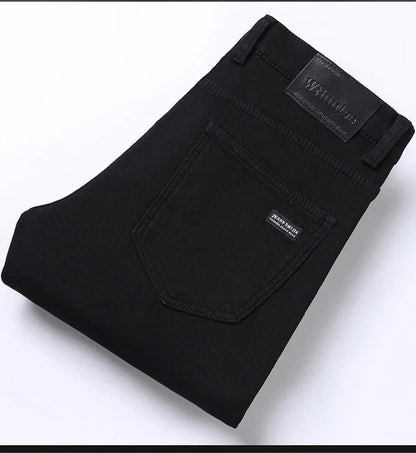 2025 New Winter Pure Black Fleece Thick Warm Jeans Men's loose Straight Elastic Denim Pants classics Casual Plush Trousers
