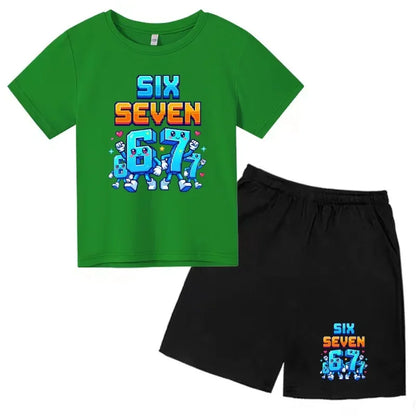 Boys Girls 3-12Y Summer Fashion Outfit 67 Number Cartoon Print T-shirt and Shorts Casual Two-Piece Clothing Set