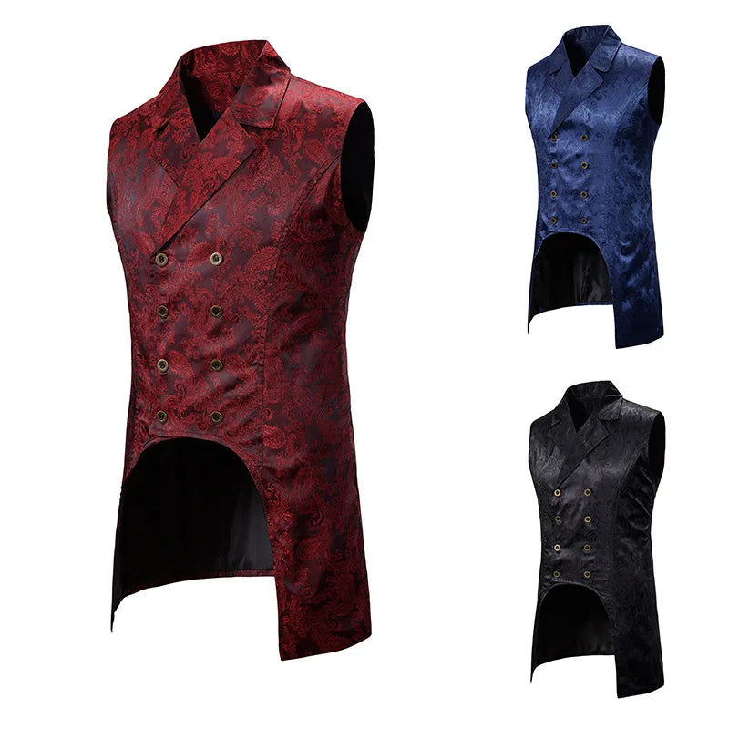 2026 Eur-Usa Fashion Elegant Jacquard Mid Length Tailcoat Vest for Men, Navy Blue Vintage Gothic Sleeveless Palace Men's Tuxedo