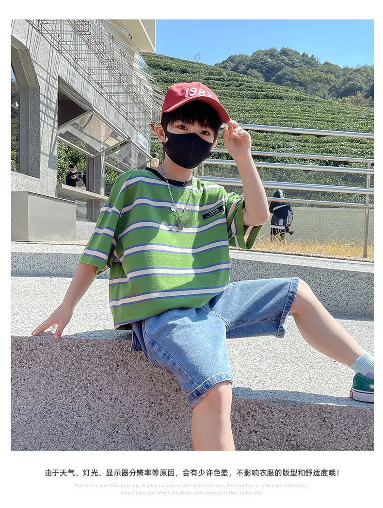 Tween Boy Summer Clothing Set Child Casual Cotton Stripe T-shirt & Denim Shorts 2 Piece Suit Teenage Kids Luxury Clothes Costume