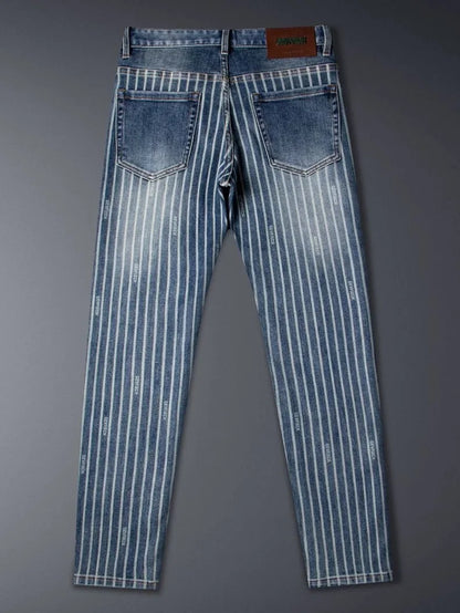Autumn and Spring Fashion American Vintage Straight-leg Striped Jeans Men's Casual Comfortable Sports High-quality Denim Pants