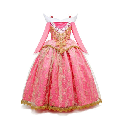 Sleeping Beauty Aurora Princess Dress Cosplay Off Shoulder Kids Gifts Fancy Halloween Party Girl Baby Lace Dress Set