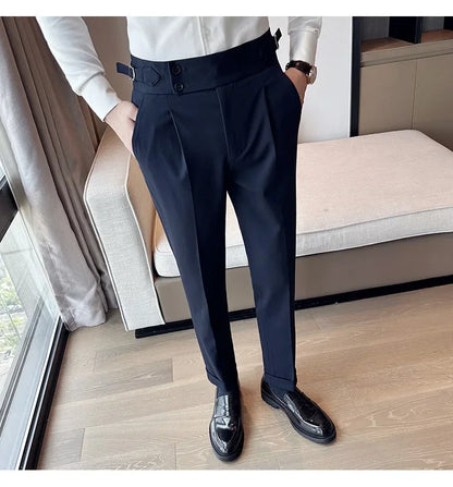 Autumn Winter High Waist Business Dress Pants Men Casual Belt Design Slim Suit Pants Formal Wedding Social Party Male Trousers
