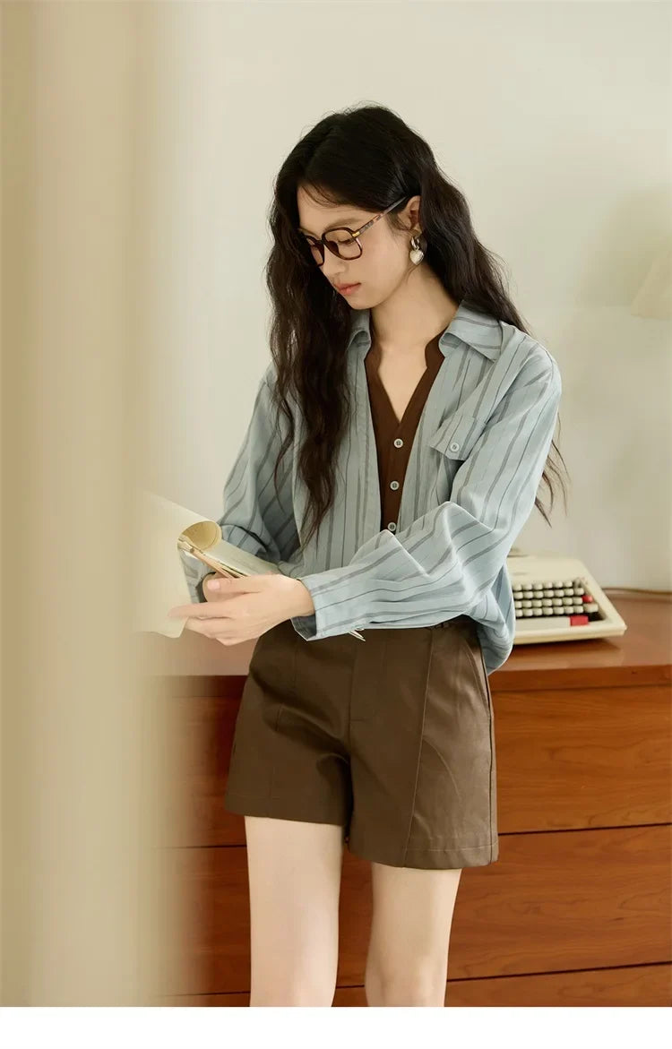 Peach Skin Velvet Stripe Shirt for Women Autumn 2025 Double Layered Collar Contrasting Color Shirt Commute Top MXE47C2408