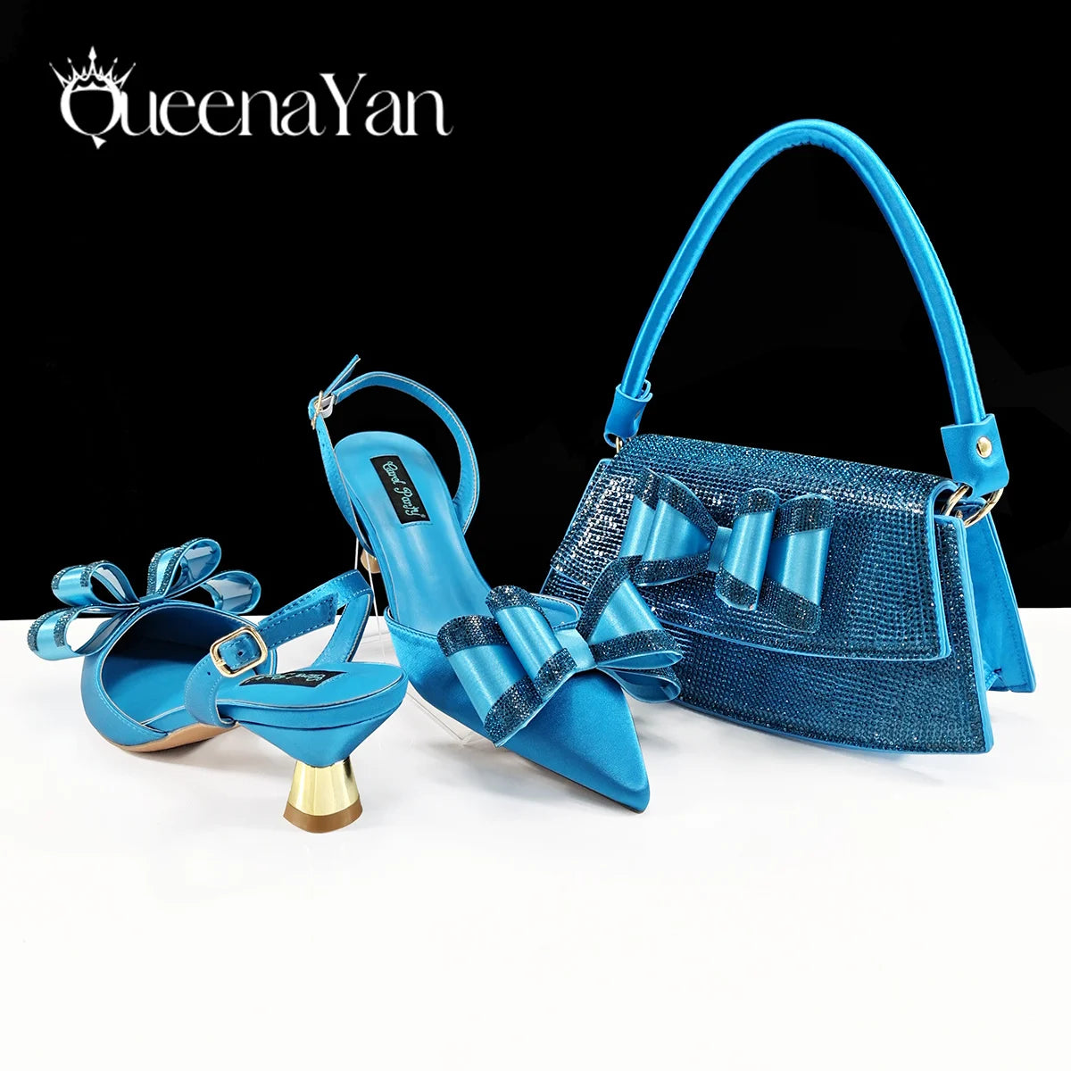 Queena Yan 2025 Newst Italian Butter-fly Design Party Wedding Pointed Toe Slingback Sandals with Bag Set in Sky Blue Color