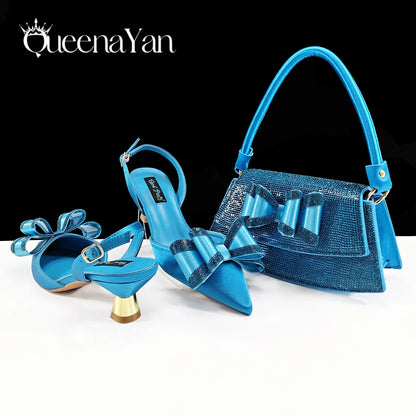 Queena Yan 2025 Newst Italian Butter-fly Design Party Wedding Pointed Toe Slingback Sandals with Bag Set in Sky Blue Color