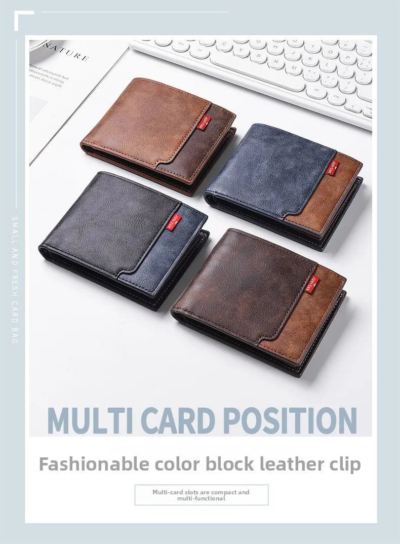 New men's frosted large capacity wallet, business triple fold thin zipper, soft leather wallet, short wallet