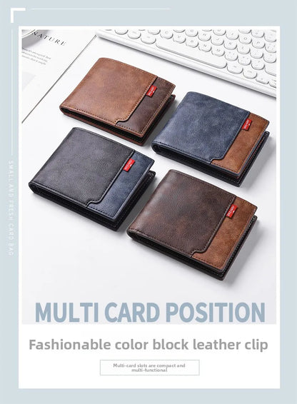 New men's frosted large capacity wallet, business triple fold thin zipper, soft leather wallet, short wallet