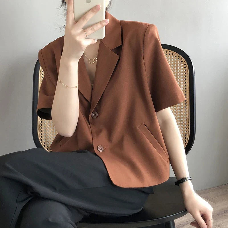 Elegant Casual Blazers Women Short Sleeve Loose S-3Xl Suit Coat Tops Korean Summer Fashion Solid Sweet Simple Blazers New
