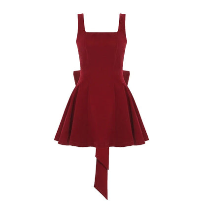 Fashion Red Bowknot Mini Dress Straps Square Collar Sleeveless Backless Vintage Cute Ladies Slim Party Short A-line Dresses