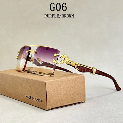 Wood Grain Sunglasses Women Trendy 2024 Rimless Sunglasses Men Vintage Designer Fashion Glasses Lentes De Sol Mujer Zonnebril