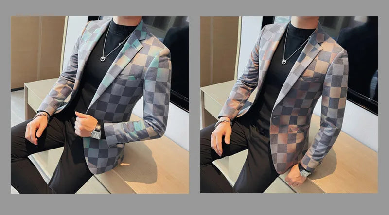 Brand Luxury Plaid Suit Jacket for Men 2023 Autumn Casual Blazer Masculino Fashion Slim Business Wedding Groom Social Dress Coat