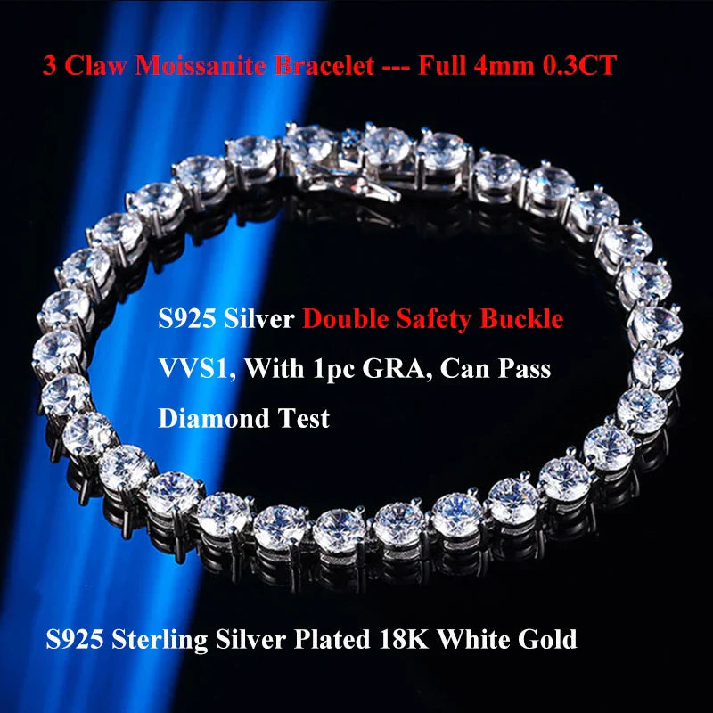 3 Prong 2.5mm 3mm Full D Color Moissanite Diamond Tennis Bracelet for Women 925 Silver Link Chain Spring Buckle Bracelets