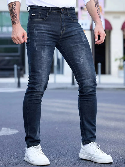 2025 Spring Autumn Men's Fashion Ripped Skinny Jeans Street Style Vintage Wash Solid Denim Casual Slim Fit Pencil Pants 28-36