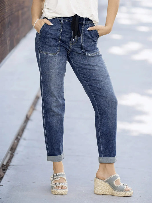 Women's Slim Fit Tie-Waist Washed Denim Jeans – Stylish and Comfortable Denim Pants for Effortless Everyday Wear