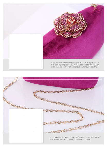 Diamonds Flower Velvet Evening Bag Women New Elegant Chain Banquet Dress Clutch Bag Ladies Wedding Dinner Party Box Small Purses