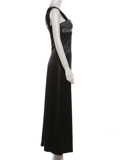 Elegant Strap Dress Women Low-Neck Patchwork Classic Evening Sexy Stain Valentine's Day Dating Slim Coquette Long Bodycon