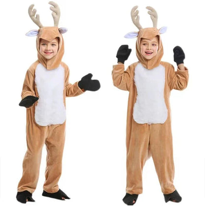 Children's Reindeer Cosplay Costume, One-piece Suit with Hat, Suitable for Halloween and Christmas Stage Performances