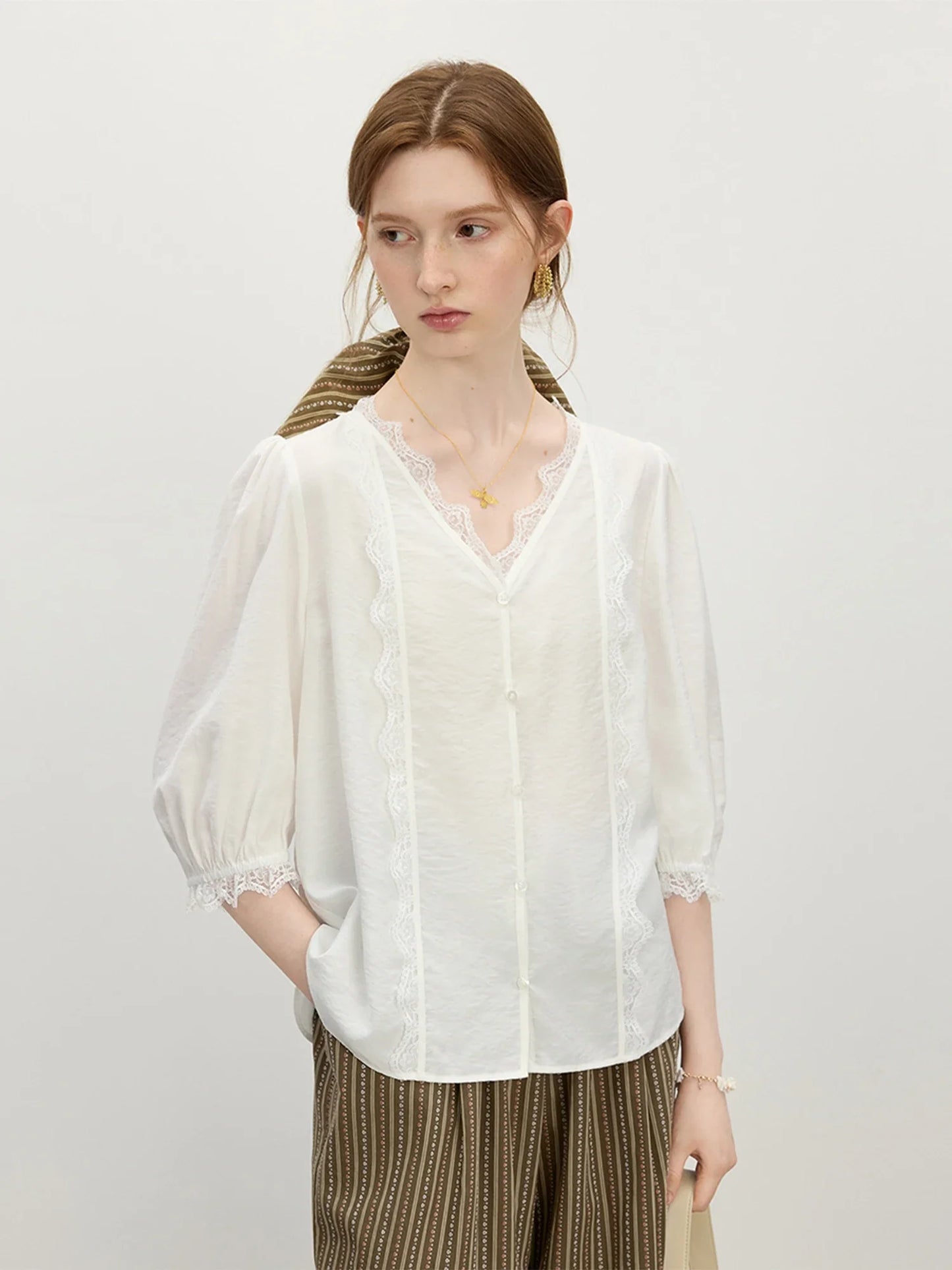 2025 Summer Women's Artisan Lace V-Neck Blouse - Navy Blue Romantic Design & Lightweight Chiffon for Chic Occasions