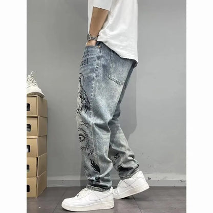 Autumn and Spring New Fashion Trend Printed Straight Leg Sports Denim Pants Men's Loose Comfortable Plus Size High Quality Pants