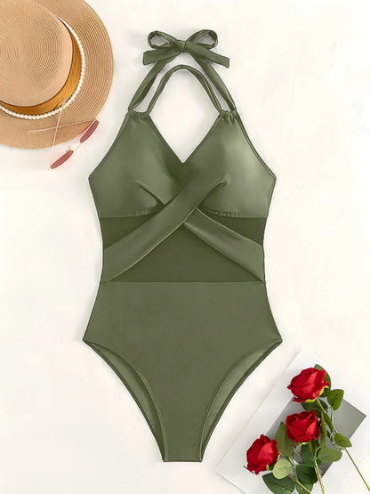 2026 Plain Ruched Mesh Swimsuit Women One Piece Ring Link Swimwear Female Sexy Bathing Swimming Suit Bodysuit Summer Beachwear