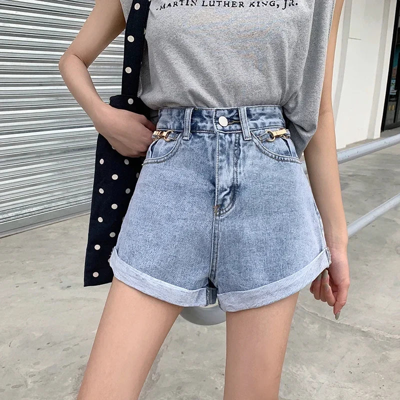 Summer 2024 Denim Shorts Women High Waisted Wide Leg Loose Crimping Blue Jeans Sequined Jean Shorts Female