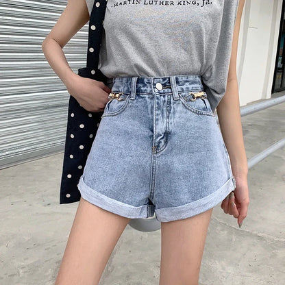 Summer 2024 Denim Shorts Women High Waisted Wide Leg Loose Crimping Blue Jeans Sequined Jean Shorts Female