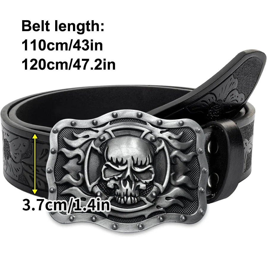 Skull Flame Belt Exquisite Carved Large Plate Buckle Alloy Buckle for Men and Women - Irregular Pattern Carved Flower Long Horn