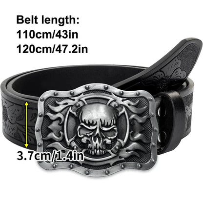 Skull Flame Belt Exquisite Carved Large Plate Buckle Alloy Buckle for Men and Women - Irregular Pattern Carved Flower Long Horn