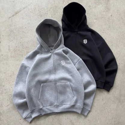 Y2k High Street Zip Embroidery Pattern Men's Hoodies Oversized Loose Sweatshirts Pullover Women Hip Hop Zip Hoodie Vintage Pants