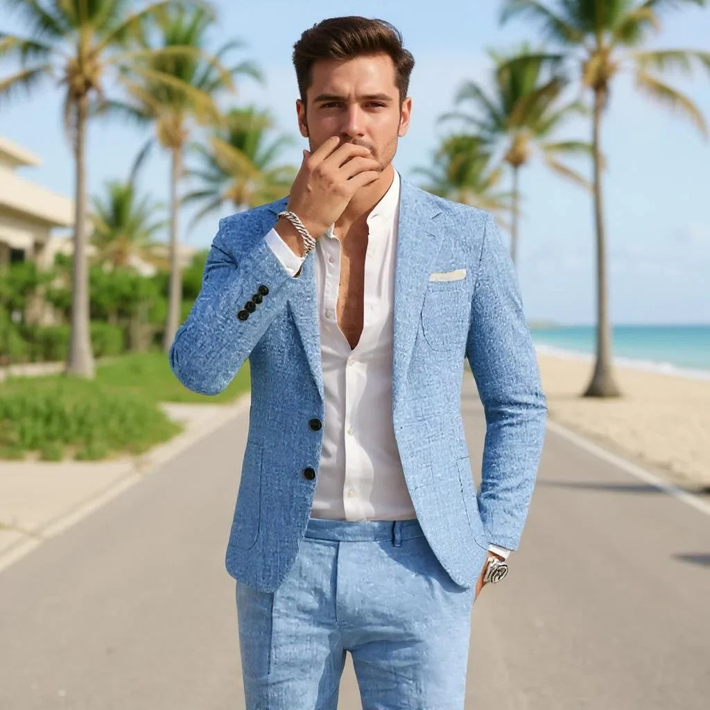 2 Pieces Linen Men Suits for Summer Beach Notch Lapel Slim Fit Two Buttons Groom Tuxedo Sets Blazer with Pants Custom Made