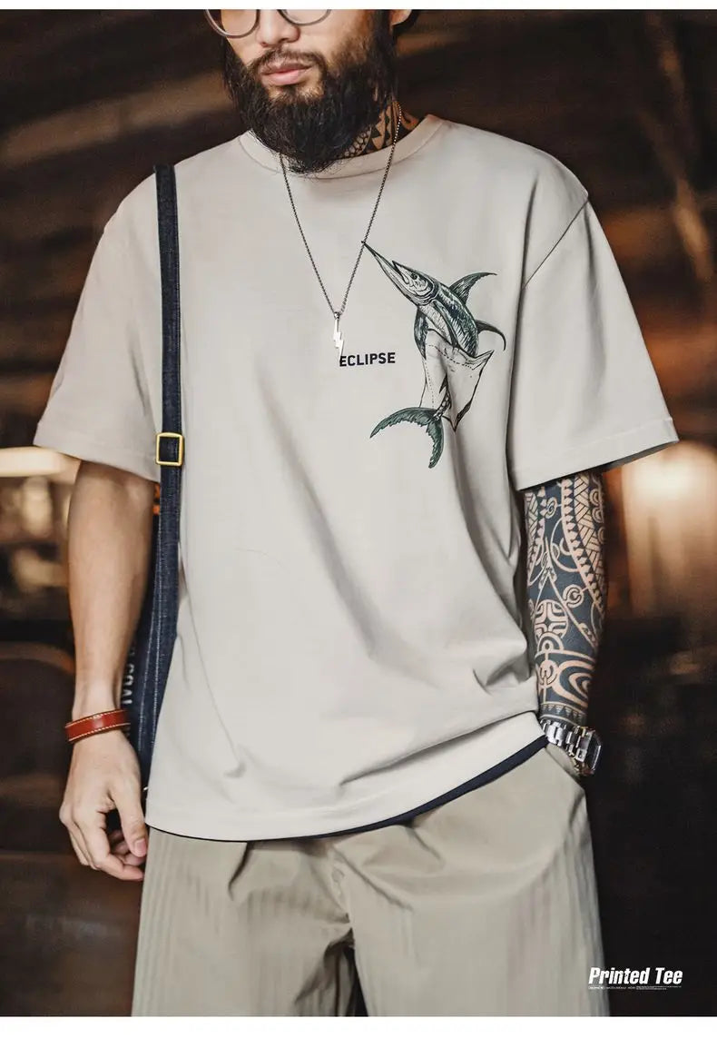 Casual Printed Short Sleeve T-Shirt Men's Summer Loose Fit Heavyweight Cotton Ribbed Round Neck Tee  Versatile Street Tops