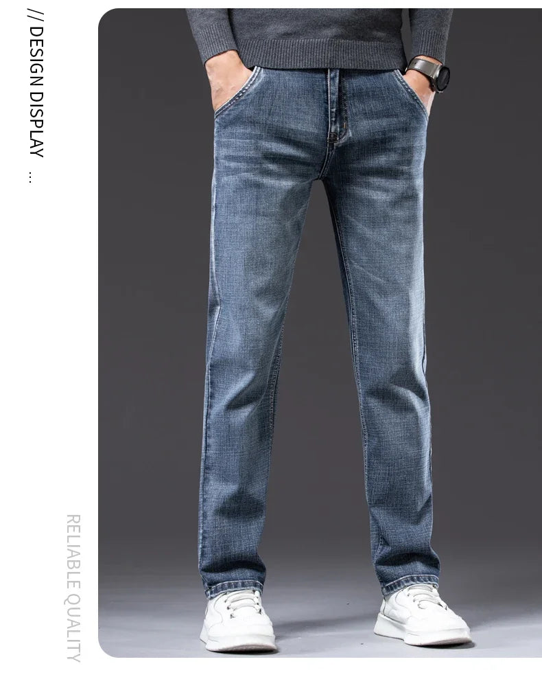 New Men's Slim Straight Elastic Jeans Fashion Business Casual Comfortable Soft Denim Trousers High Quality Mens Designer Clothes