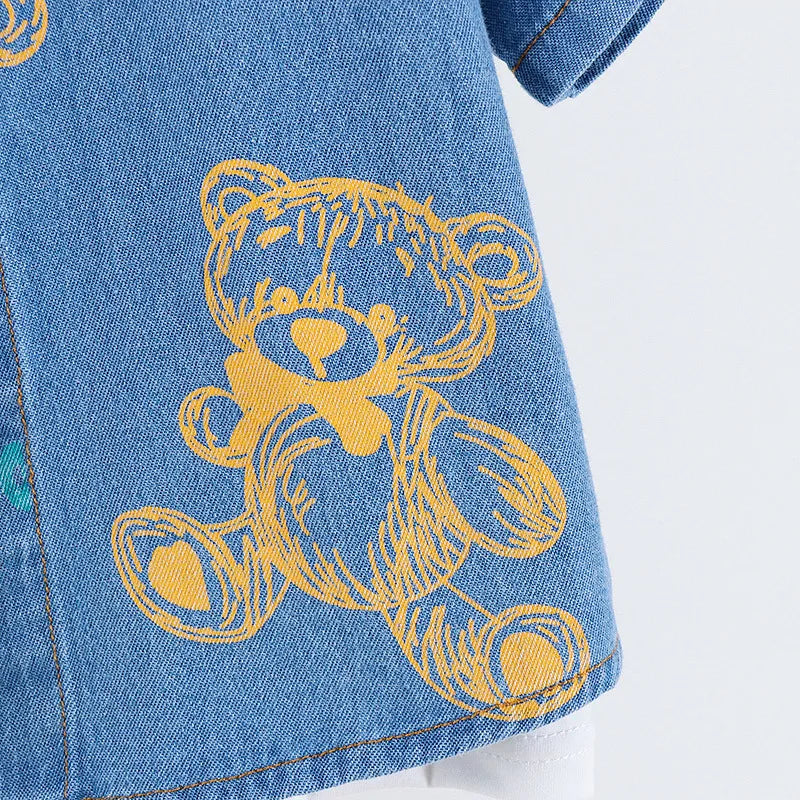 New Summer Boys Denim Clothing Sets Children Fashion Cartoon Bear Coats Shorts 2pcs Tracksuits  Infant Baby Casual Outfits Suits