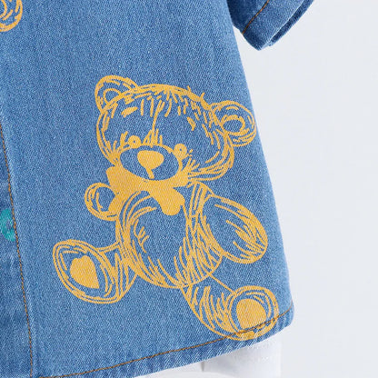 New Summer Boys Denim Clothing Sets Children Fashion Cartoon Bear Coats Shorts 2pcs Tracksuits  Infant Baby Casual Outfits Suits