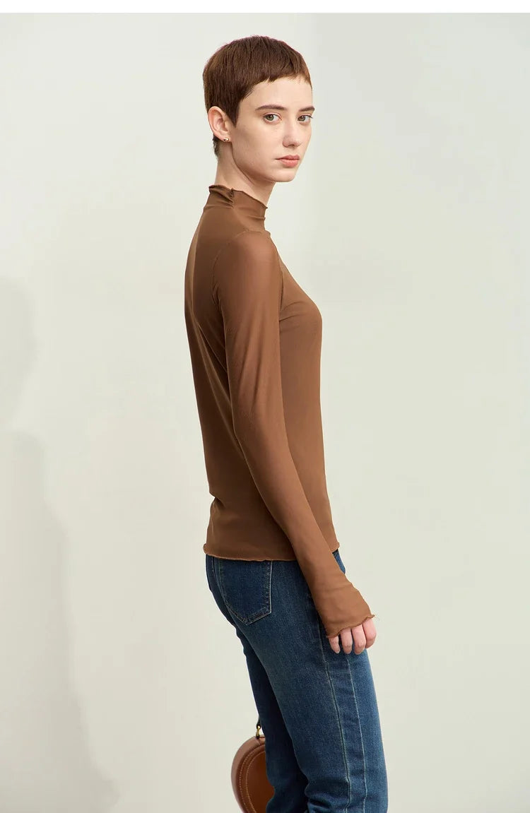Minimalism Mesh T-shirts For Women 2025 Autumn New Office Lady Half-high Neck Micro Perspective Slim Retro Shirt 12423055