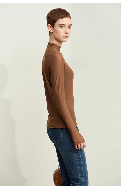 Minimalism Mesh T-shirts For Women 2025 Autumn New Office Lady Half-high Neck Micro Perspective Slim Retro Shirt 12423055