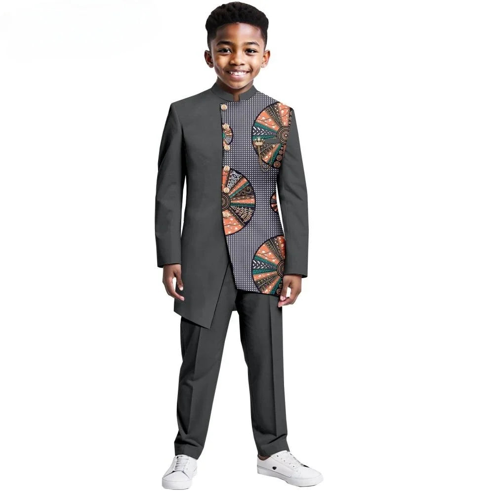 African Patterned Children's Elegant Suit Set 2 Pieces For Formal Occasion,Stylish Smart Boys Tuxedo Sets Wedding Outfit XS-XXL