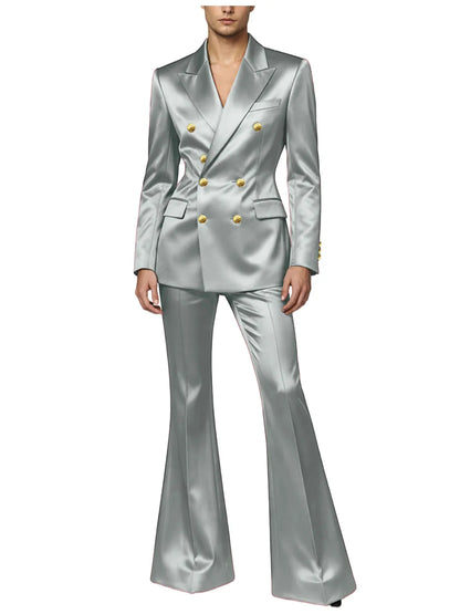 Men's Double Breasted Satin Suit Set 2 Piece Notch Lapel Gold Button Blazer Flare Pants Formal Wedding Prom Party Groom Outfit