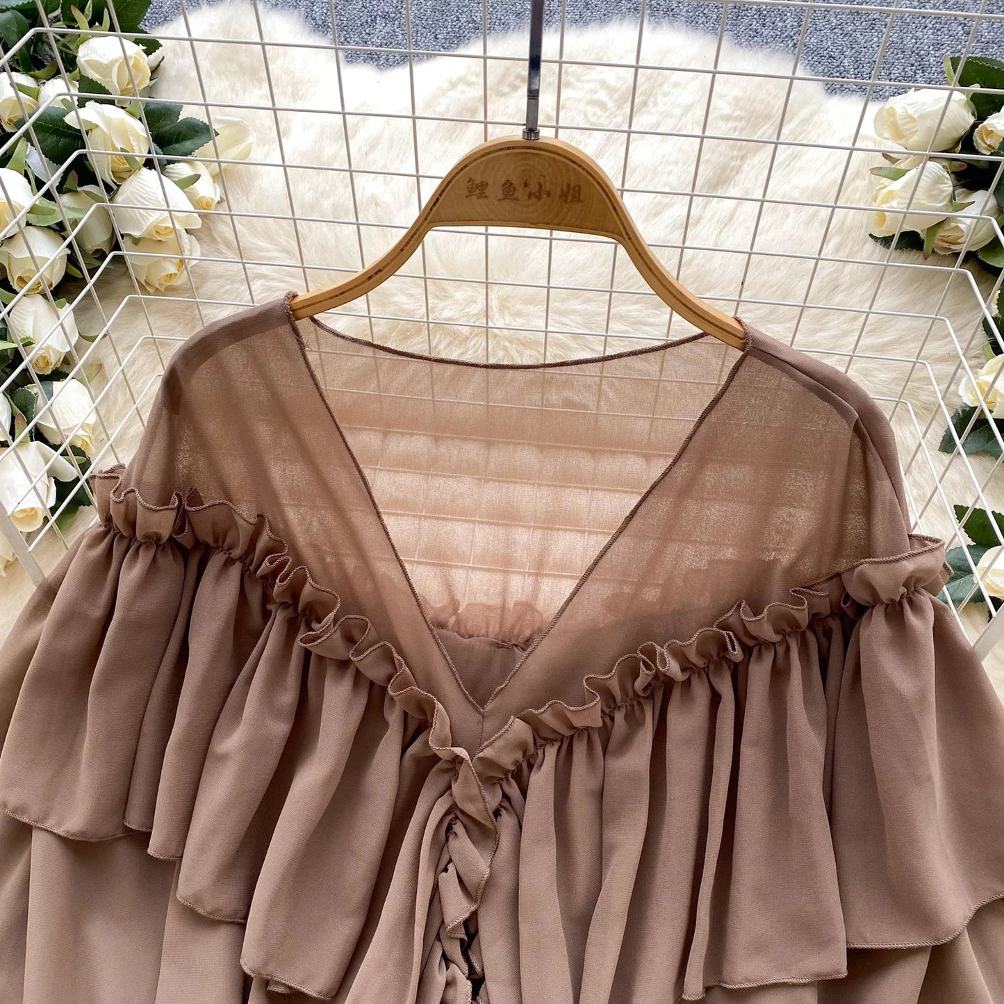 Chic Ruffles Splice Chiffon Blouse V Neck Flared Sleeve Loose Tops 2025 Fashion Solid Fairycore Vacation Women Shirt