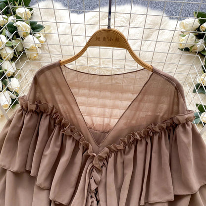 Chic Ruffles Splice Chiffon Blouse V Neck Flared Sleeve Loose Tops 2025 Fashion Solid Fairycore Vacation Women Shirt
