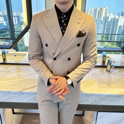 (Jacket + Trousers) Fashion Double Breasted Design Slim Men's Suit Italian Style Luxury Wedding Social Party Tuxedo 2 Piece Sets