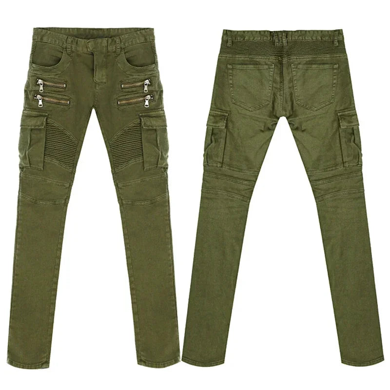 Fashion Fold Men Jeans Stretch Pleated Biker Cargo Jeans Zipper Skinny Slim Fit Trouser Hiphop Punk Multi Pocket Denim Pant Male