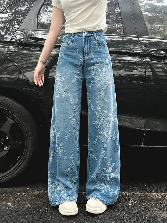 Women's Embroidered Floral Wide Leg Jeans High Waist Slim Fit Straight Cut Summer New Sle Thin Version Casual Denim Pants