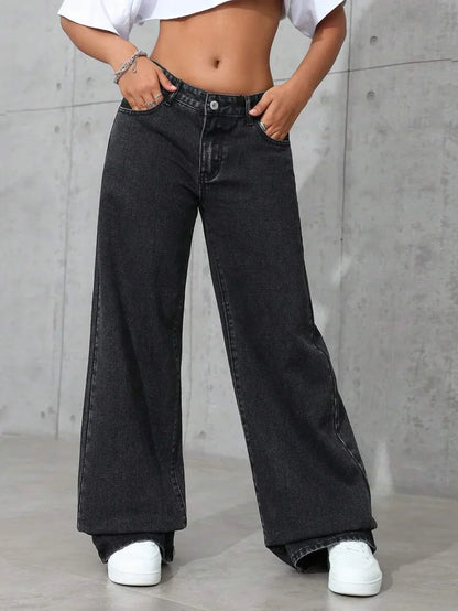 Plus Size Women's Wide Leg Jeans Washed Elastic Casual Loose Fit Ladies Denim Pants Comfortable Stretchy Trousers