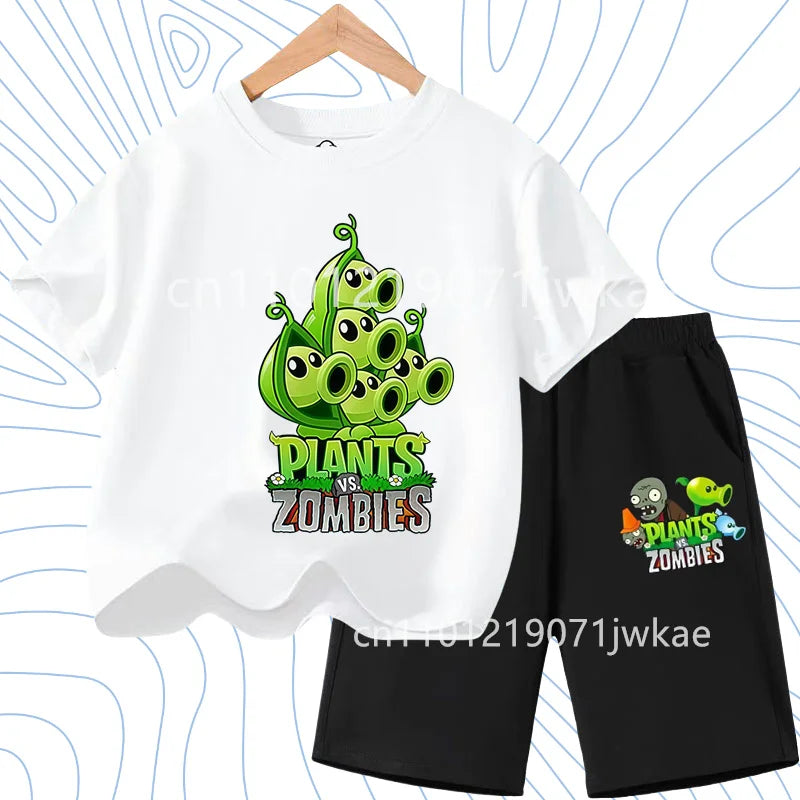 Children's Plants Vs. Zombies Short-Sleeved T-Shirt Set Cotton Summer Fashion Comfortable Top+pants for Boys and Girls
